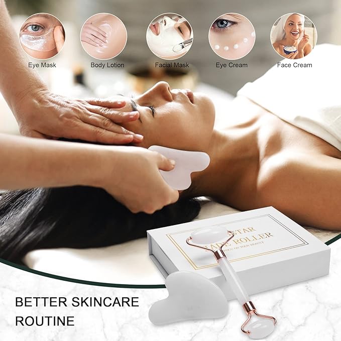 Jade Roller for Face, Facial Roller Massager Skin Care Tool, Gua Sha Facial Tools for Face, Neck, Eyes, Reduce Puffiness of The Skin - White-Velvo Beauty