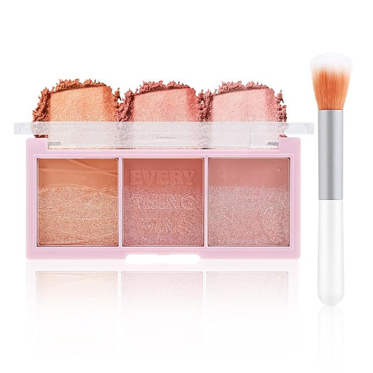 3 Colors Blush Palette，Blush Powder for Cheeks Makeup，Glitter Blusher with Brush，Long Wear，Highly Pigmented-Velvo Beauty