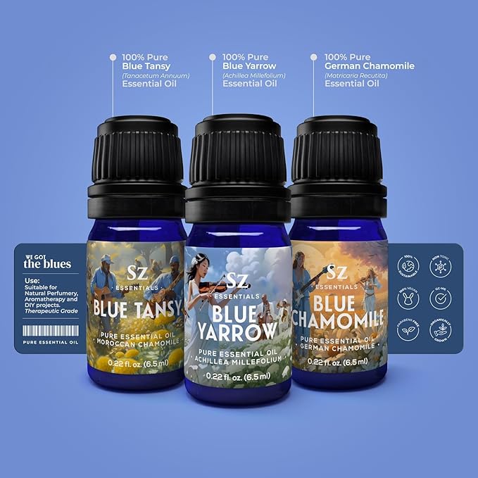 – “We Got The Blues” Essential Oils Set – Blue Tansy, Yarrow & German Chamomile – 3 x 6.5ml Bottles – 100% Pure, Natural, Undiluted – Therapeutic Grade & Vegan-Velvo Beauty