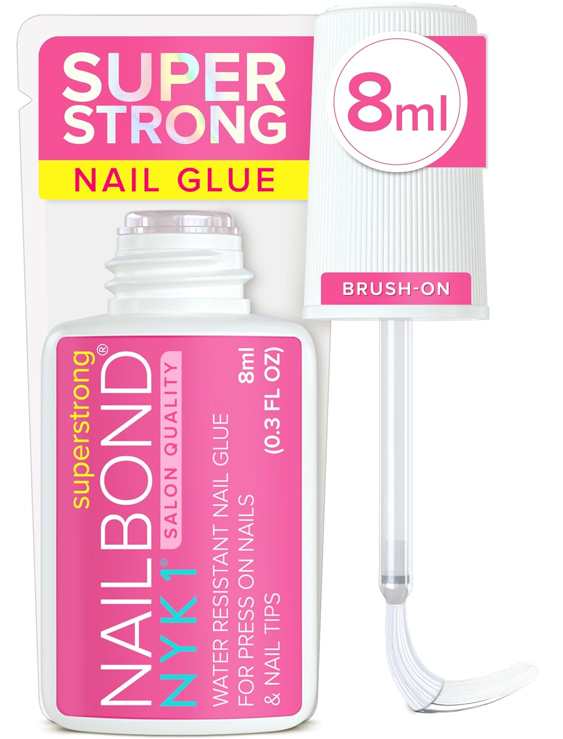 Super Strong Nail Glue for Press On Nails, Nail Tips & Acrylic Fake Nails (8ml) NYK1 NailBond Brush On Glue for Press Ons, Tips & Acrylics - Long Lasting, Maximum Strength, Mess-Free Application-Velvo Beauty