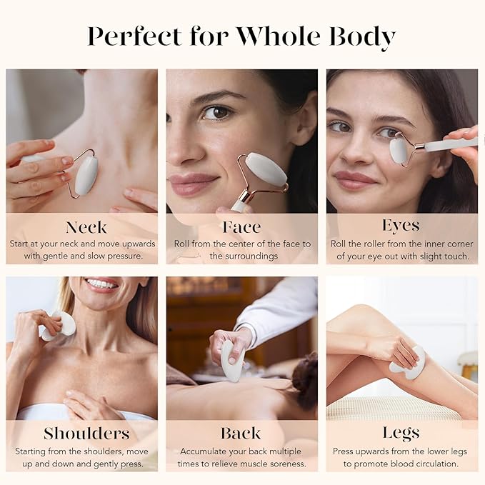 BAIMEI Jade Roller & Gua Sha Set Face Roller and Gua Sha Facial Tools for Skin Care Routine and Puffiness, Self Care Gift for Men Women - White-Velvo Beauty