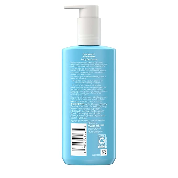 Neutrogena Hydro Boost Body Gel Cream Moisturizer with Hyaluronic Acid, Hydrating Lotion For Sensitive Skin, Fragrance Free, 8.5 oz-Velvo Beauty