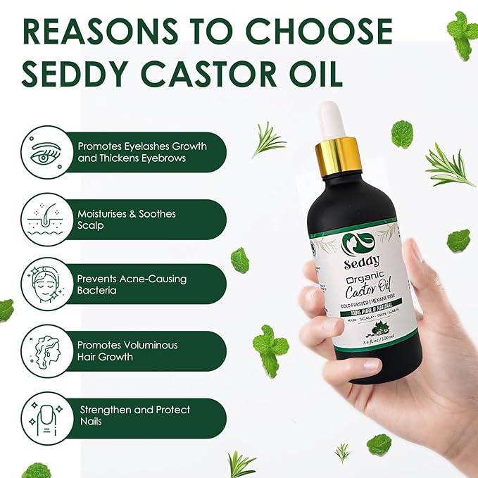 Seddy Organic Castor Oil - Cold Pressed | Hexane-Free | Pure | Hair, Scalp, Eyelashes, Eyebrows, Skin, & Nails | Hair Treatment Oil - 3.4 Fl. Oz-Velvo Beauty