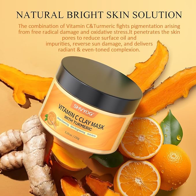 Vitamin C Face Mask with Kaolin Clay and Turmeric for Dark Spots, Dull Skin, Skincare Facial Mask for Controlling Oil and Refining Pores 5.29 Oz-Velvo Beauty