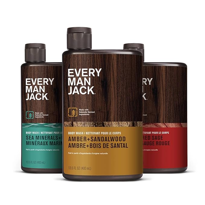 Every Man Jack Men's Body Wash Variety Pack - Includes 3 Body Washes with Natural Ingredients & Incredible Scents - Amber + Sandalwood, Cedar + Red Sage, Sea Minerals + Citron Fragrances-Velvo Beauty