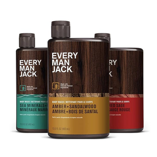 Every Man Jack Men's Body Wash Variety Pack - Includes 3 Body Washes with Natural Ingredients & Incredible Scents - Amber + Sandalwood, Cedar + Red Sage, Sea Minerals + Citron Fragrances-Velvo Beauty