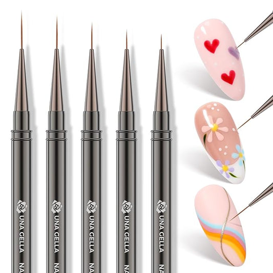 UNA GELLA Nail Art Brushes Metallic, Liner Pens 5Pcs Set For Nail Art Gel Polish, Gray Color, Detail Nail Art Design Painting Brush Set For Nails Gel Fine Drawing Nail Tools, 6/9/11/15/18mm Sizes-Velvo Beauty