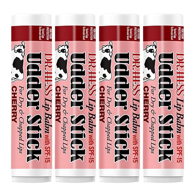 Original Udder Stick SPF Lip Balm, Soothing Moisturizer Sun Screen Balm for Dry Lips with Jojoba, Beeswax & Shea Butter, Total Lip Care, Hydration & Repair, Cherry Flavor, 4 Pack-Velvo Beauty