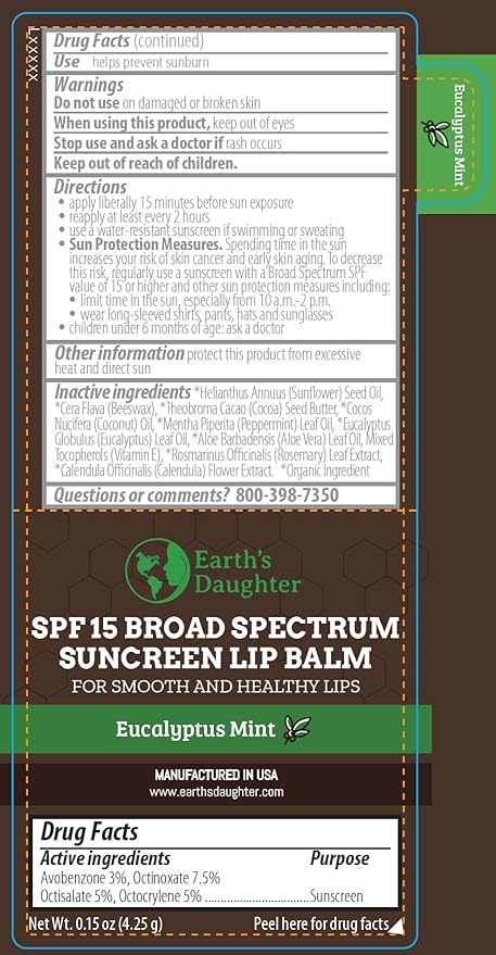 SPF Lip Balm 4-Pack by Earth's Daughter - Lip Sunscreen, SPF 15, Organic Ingredients, Eucalyptus Mint Flavor, Beeswax, Coconut Oil, Vitamin E - Hypoallergenic, Paraben Free, Gluten Free-Velvo Beauty