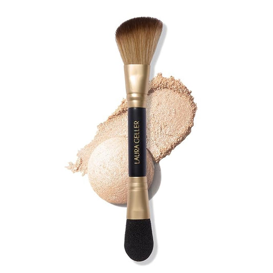 LAURA GELLER NEW YORK Dual-Ended Highlighter Brush - Multipurpose Makeup Brush for Highlighter, Blush, Bronzer and More - Includes Dual-Fiber Vegan Bristles and Satin Paddle for Flawless Application-Velvo Beauty