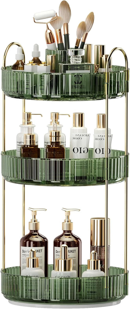 360° Rotating Makeup Organizer, Large-Capacity Skincare Make Up Storage 3 Tier Perfume Organizers Cosmetic Dresser Organizer with Makeup Brush Holder, Fits Bedroom, Bathroom, Vanity Shelf Countertop-Velvo Beauty