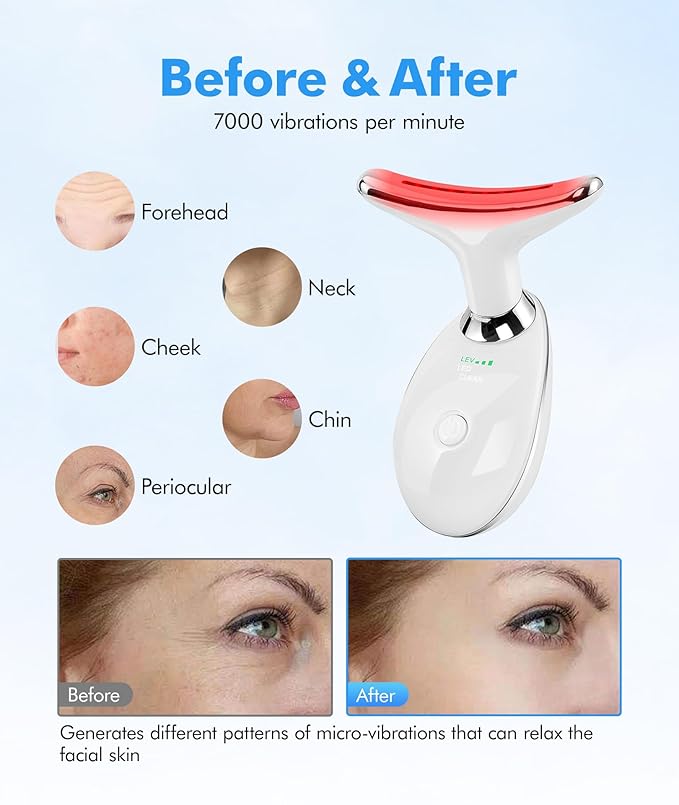 Red-Light-Therapy-for-Face-and-Neck, 7 Color Face Massager Tool for Wrinkles, Double Chin, Vibrating Facial Massager with Thermals for Skin Care, Glossy White-Velvo Beauty