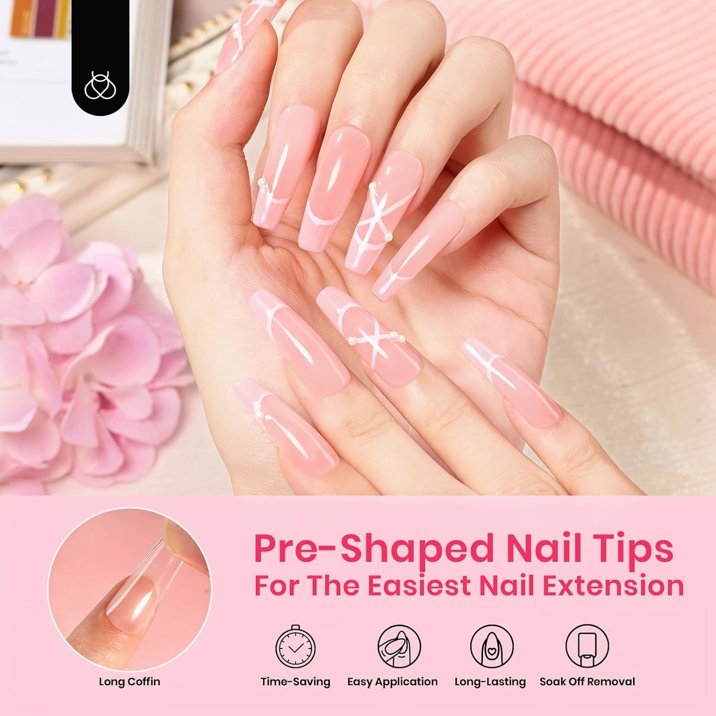 Beetles Gel Nail Tips Long Coffin Pre-Etched Nail Tips, 12 Sizes 288Pcs Pre Shaped Soft Gel Clear Nail Full Cover False Nail Tips Acrylic Glue on Nails Extension Fake Nails Manicure Gifts for Women-Velvo Beauty