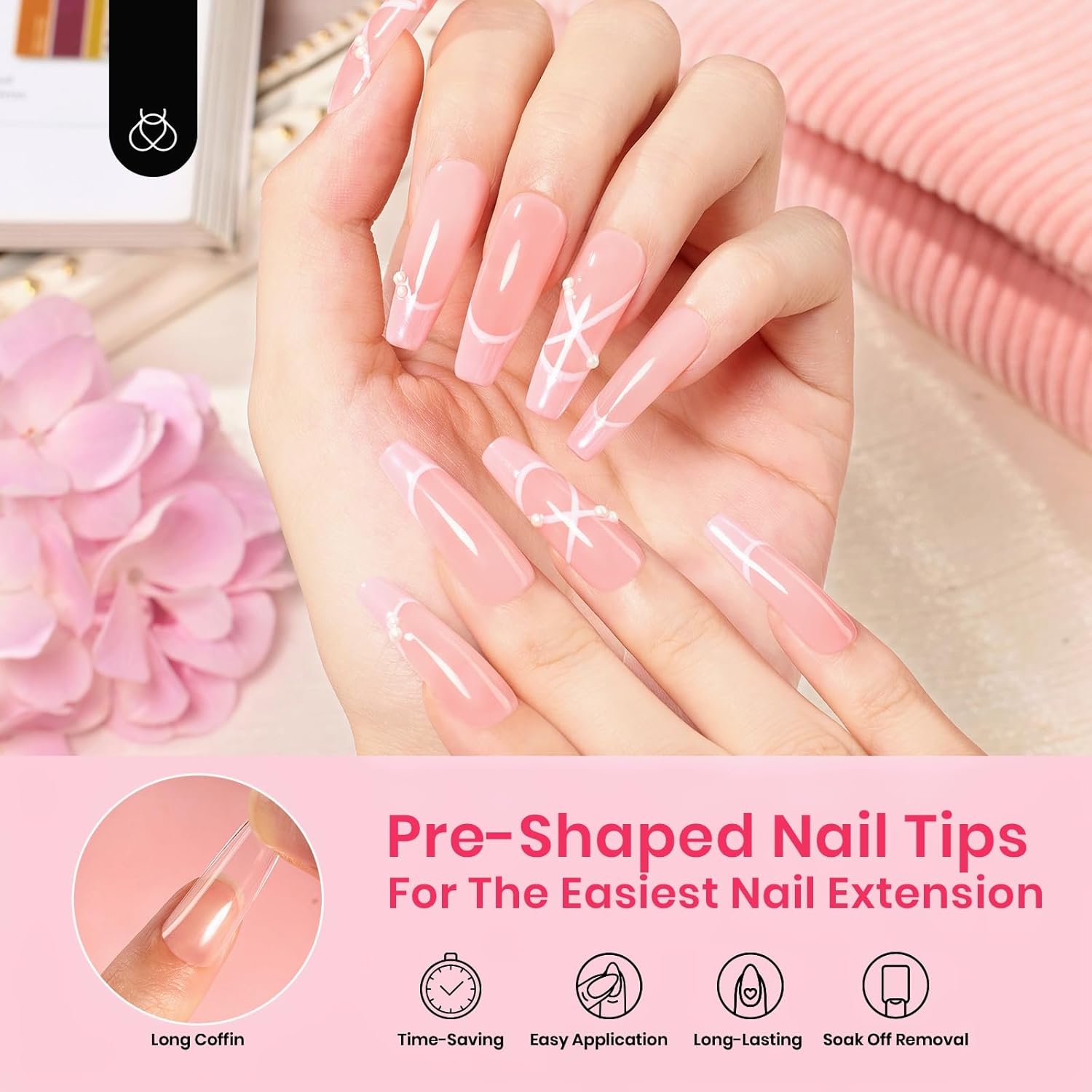 Beetles Gel Nail Tips Long Coffin Pre-Etched Nail Tips, 12 Sizes 288Pcs Pre Shaped Soft Gel Clear Nail Full Cover False Nail Tips Acrylic Glue on Nails Extension Fake Nails Manicure Gifts for Women-Velvo Beauty