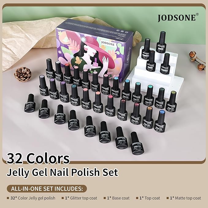 JODSONE Jelly Gel Nail Polish Kit 32 Classic Colors Crystal Transparent High Shine Base & Top Matte Glitter Coat-Velvo Beauty