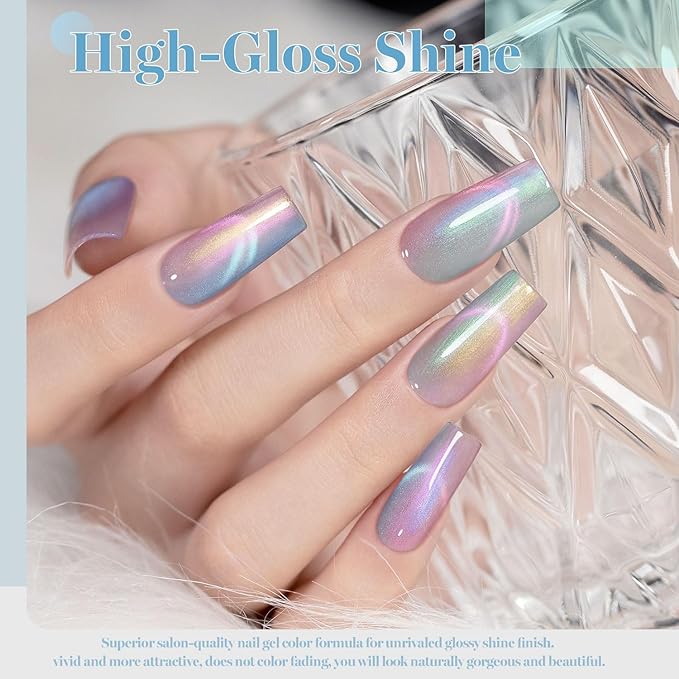 RARJSM Aurora Pearl Cat Eye Gel Nail Polish Set 6pcs Ceramic Silver Shimmer Universal Pink Green Blue Purple Orange Glitter Mermaid Swirl Shell Thread Effect with Magnet Stick Curing Requires-Velvo Beauty