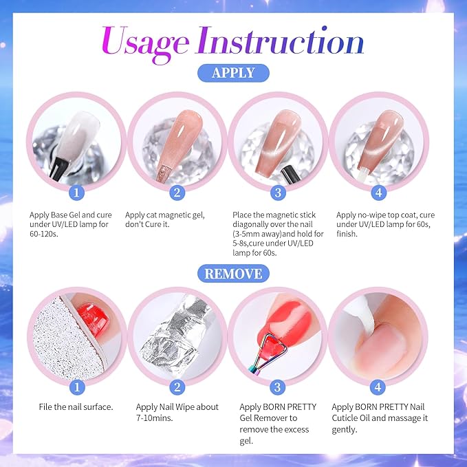 Born Pretty Magnetic Gel Nail Polish Set,Purple Blue Cat Magnetic Eye Gel Jelly Glass Crystal Magnetic Gel Polish Nail Art Manicure Kit 6PCS-Velvo Beauty