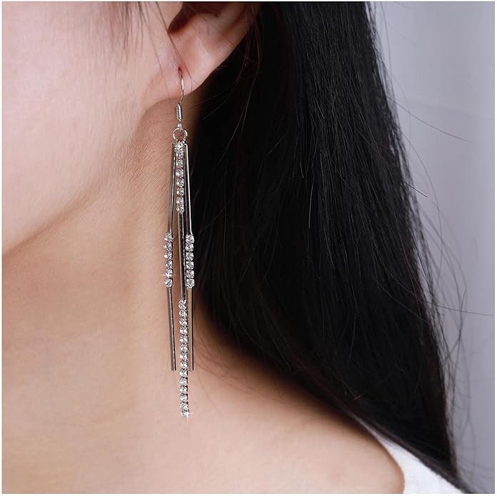 Vintage Crystal Tassel Earrings Rhinestone Bar Drop Earrings Long Rhinestone Chain Earrings Gold Cz Bar Hook Earrings Sparkle Tennis Chain Earrings Jewelry for Women-Velvo Beauty