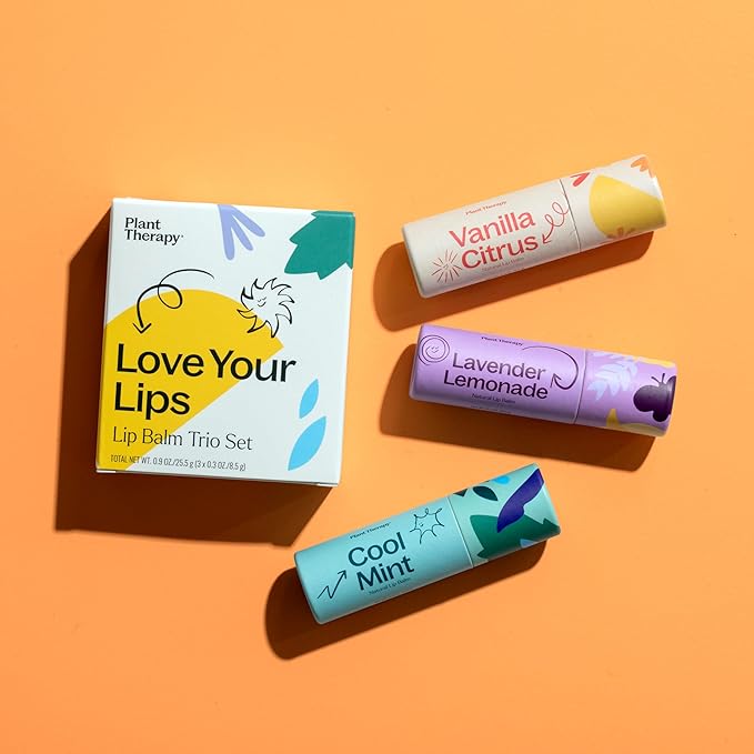 Plant Therapy Love Your Lips Lip Balm Trio Set 0.9 oz (25.5 g) Simple, Natural Ingredients & Packaged in Eco-Friendly Recyclable Cardboard, Refreshing Flavors Including: Lavender Lemonade, Vanilla Citrus, Cool Mint-Velvo Beauty