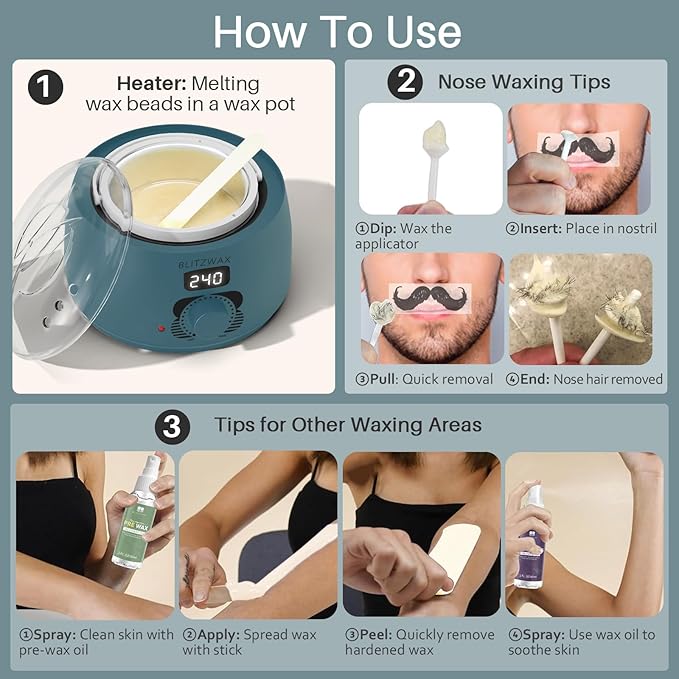 BLITZWAX Back and Nose Waxing Kit for Men, Hard Wax Warmer for Brazilian, Body and Face, At Home Hair Removal Kit, Beginner Friendly, Quick Heating, 93 Accessories, Blue Spruce-Velvo Beauty
