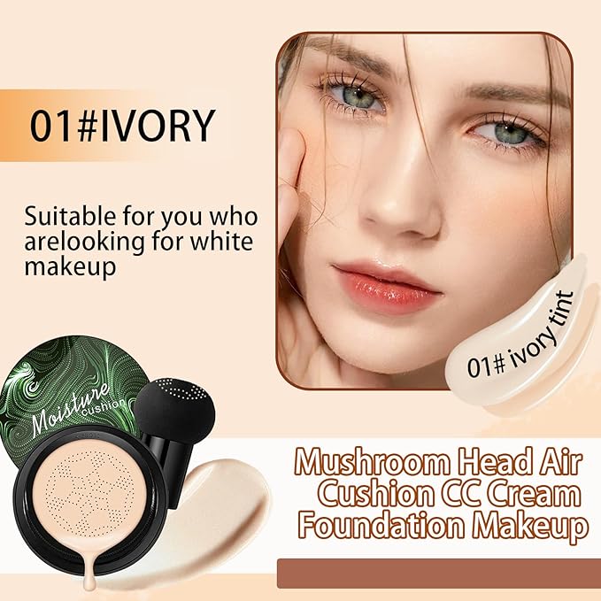Mushroom Head Air Cushion CC Cream Foundation Makeup,Moisturizing Non-Greasy BB Cream Foundation,Long Lasting Matte Concealer Full Coverage Face Makeup Liquid Foundation for All Skin Types(Ivory)-Velvo Beauty