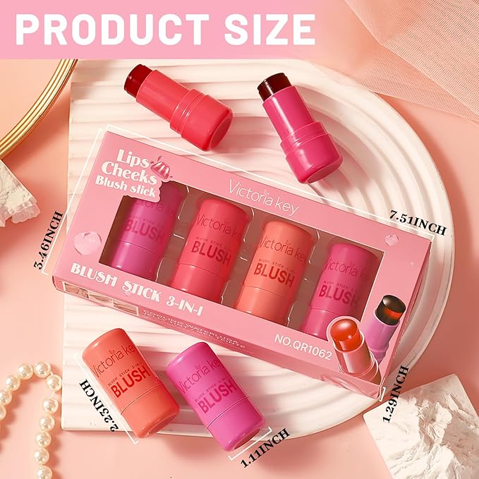 4 Pcs Jelly Blush Stick,Sheer Lip & Cheek Stain Makeup Cooling Water Jelly Tint, Multiple Use Long Lasting Jelly Texture Non-Stick Blush for Cheeks, Pigmented Waterproof Makeup Blush-Velvo Beauty