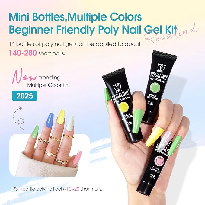 ROSALIND Poly Nail Gel Colors Kit -14 Colors +72 Nail Art Accessories kit Poly Nails Gel Kit Starter Kit with Mini UV Lamp Slip Solution Poly Nail Art Tools for Beginners with Everything-Velvo Beauty