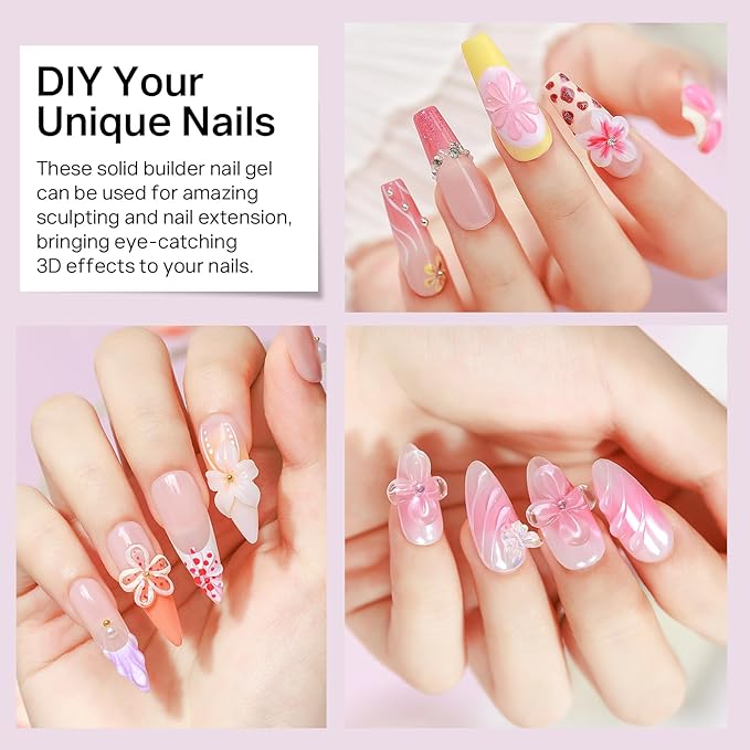 MIZHSE 2PCS 60g Clear and White Solid Builder Gel for Nails, 3D Sculpting Gel for Nail Art with Gold Silver Chrome Powder Nail Form Molding Builder Gels Kit for Women Home DIY Manicure-Velvo Beauty