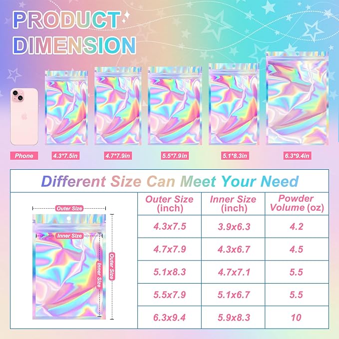 ANZNKU 100 Pack Mylar Bags Reasealable Holographic Bags, Smell Proof Bag Zipper Pouches with Clear Window, Jewelry Candy Sealable Bag for Packaging Sample Party Favor (4.7 x 7.9 Inch)-Velvo Beauty