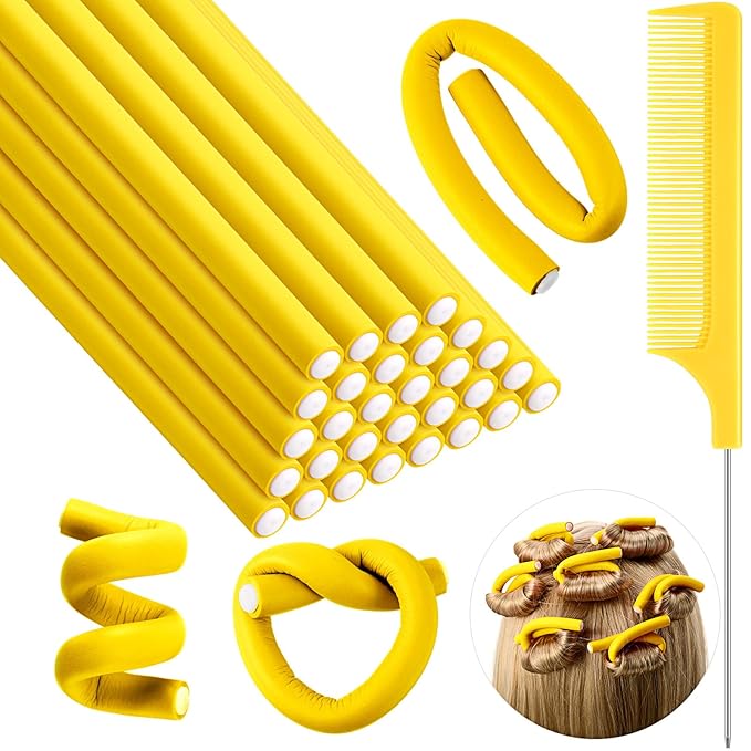 Syhood 30 Pcs 7'' Flexible Curling Rods Twist Foam Hair Rollers Soft Foam No Heat Hair Rods Rollers and 1 Steel Pintail Comb Rat Tail Comb for Women Long Short Hair(Yellow,7 x 0.3 Inch)-Velvo Beauty