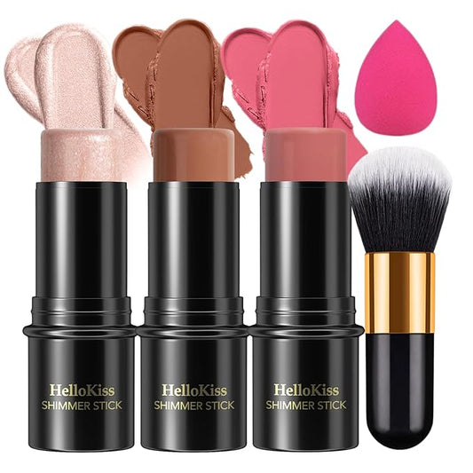 3Pcs Cream Contour Stick, with Highlighter Stick Bronzer Stick Blush Stick, Face Contour Stick Highlighter Makeup with Makeup Brush and Sponge for Sculpt the Cheeks, Long Lasting, Waterproof-Velvo Beauty