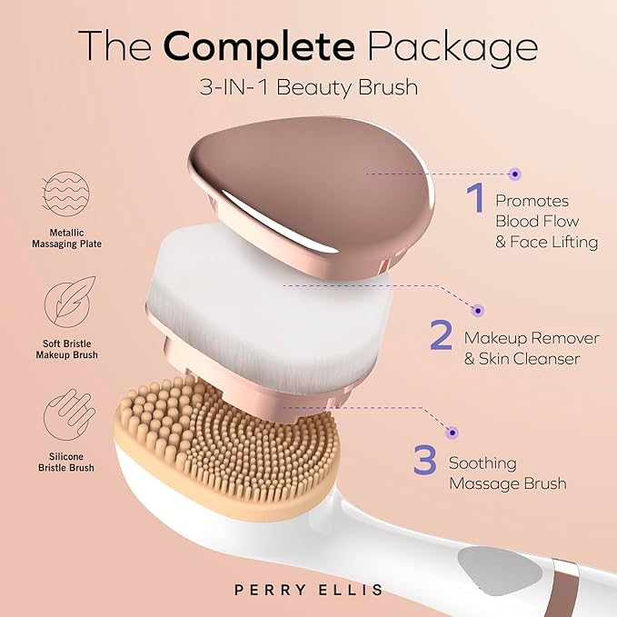 Perry Ellis 3-in-1 Beauty Brush with Silicone Face Cleanser, Makeup Applicator, and Metallic Eye-Massaging Plate, IPX6 Water-Resistant Electric Skincare Accessory with 3 Vibrating Modes and Stand-Velvo Beauty