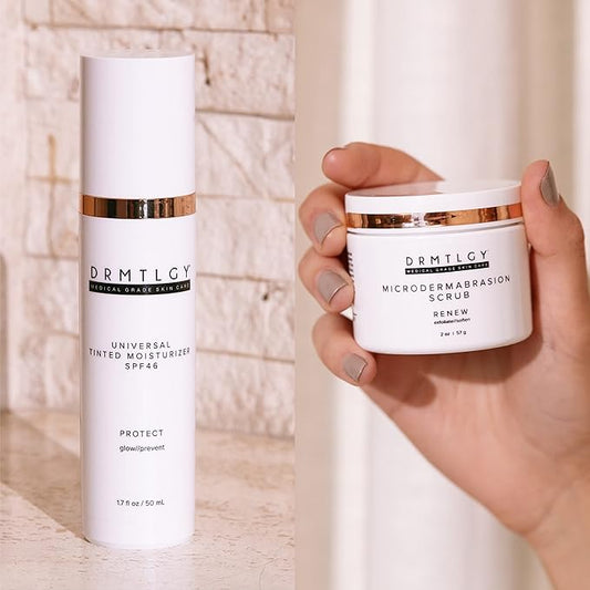 DRMTLGY Universal Tinted Moisturizer with SPF 46 & Microdermabrasion Facial Scrub Set - Universal Tinted SPF & Face Exfoliator 2 Pack-Velvo Beauty