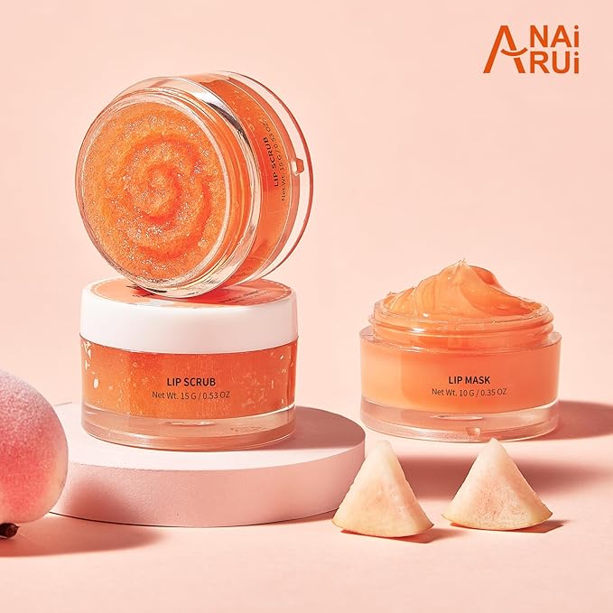 ANAI RUI Lip Balm Mask & Lip Scrub Set, Lip Care Kit, Overnight Lip Treatment with Lip Sleeping Mask & Sugar Lip Exfoliator Scrub, Lip Moisturizer for Dry, Chapped, Dark Lips, Reduce Fine Lines, Peach-Velvo Beauty