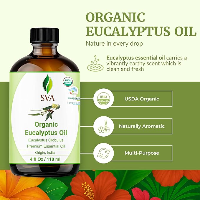 SVA Eucalyptus Essential Oil Organic – 4 Fl Oz – 100% Natural Organic Eucalyptus Oil - for Diffuser, Hair, Face, Skin Care, Aromatherapy, Scalp and Body Massage, Soap and Candle Making - with Dropper-Velvo Beauty