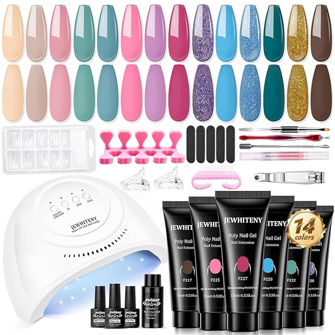JEWHITENY Poly Gel Nail Kit 14 Colors - Yellow Nude Pink Blue Purple Glitter Tones Starter Kit with UV Lamp Base & Top Coat All-in-One Gift for Women Need U V Light Curing-Velvo Beauty