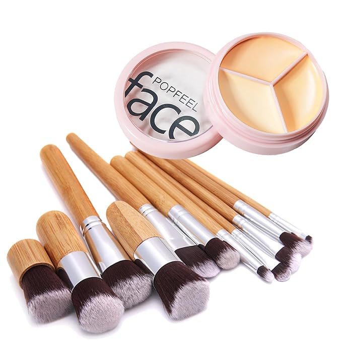 Concealer Cream Palette with 11 Pcs Premium Makeup Brush Set, 3 Color Waterproof Long-Lasting Full Face Cosmetics Cream Concealer Kit for Light Fair Skin, Women Birthday Makeup Gift Idea-Velvo Beauty