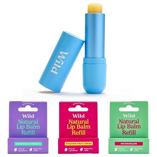 Wild Refillable Lip Balm Starter Kit - Includes Blue Aluminum Case & 3 Pack Lip Balm Refills in a Variety of Scents - Includes Coconut & Vanilla, Passionfruit Swirl & Watermelon Flavors-Velvo Beauty