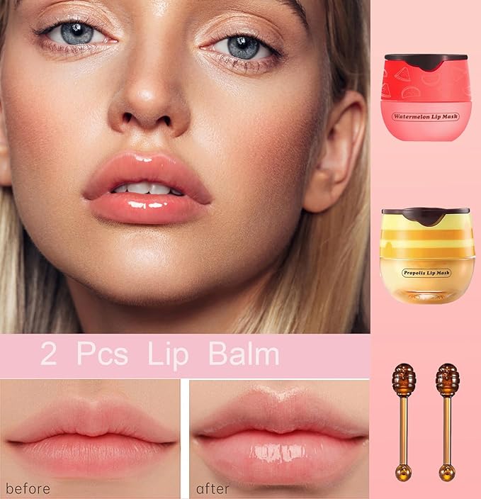 2 PCS Bee Lip Balm Honey Pot, Honey Watermelon Bee Lip Balm Sleeping Lip Mask Overnight with Sticks, Honey Pot Lip Balm Hydrating Exfoliating Prevention Dry and Crack Lip Scrubs-Velvo Beauty