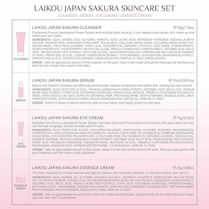 Skin Care Set JAPAN SAKURA Beauty Gift Sets Skin Care Kit with Cleanser, Serum, Eye Cream, Face Cream Travel Kit for Women Mom Wife Teen Girls Gentle Skin Cleaning TSA-friendly Sizes 4pcs-Velvo Beauty