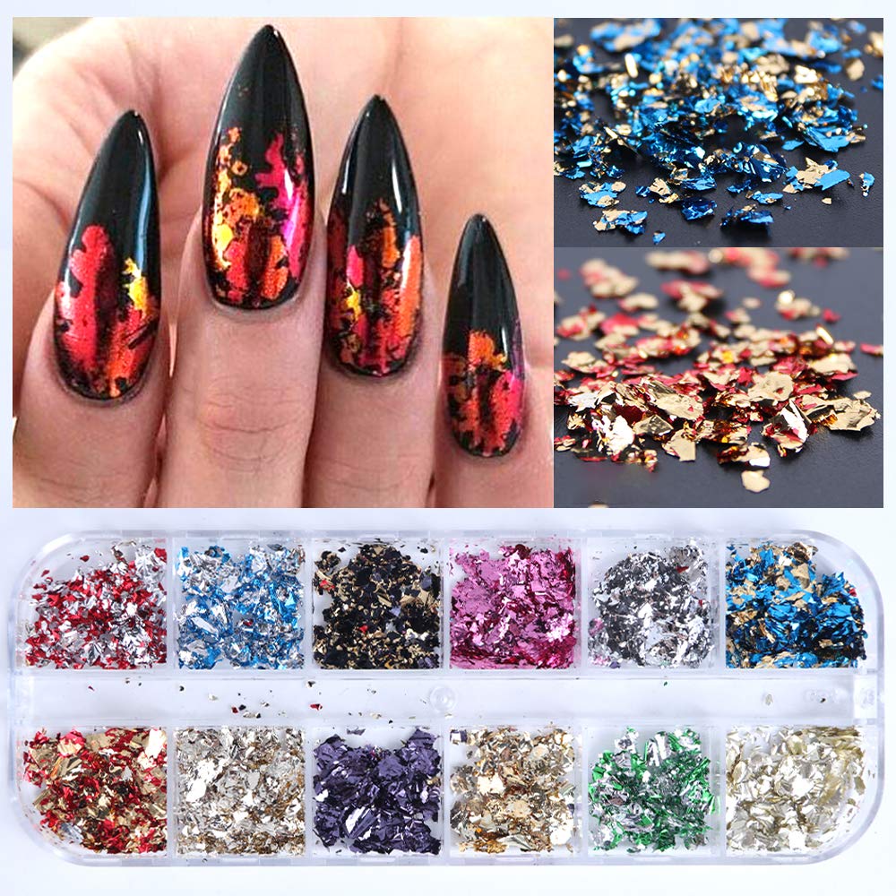 AUOCATTAIL 24 Grids Foil Nail Art Holographic Aluminum Nail Foil Flakes Stickers Nail Sequins 3D Glitter Decoration DIY Design Accessories Rainbow Nail Art Supplies Gold Nail Decals-Velvo Beauty