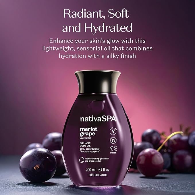 Nativa SPA by O Boticário Merlot Grape Biphase Body Oil, with Quinoa & Grapeseed Oils, Silky Glow with Hydration, 6.7 Ounce (200ml)-Velvo Beauty