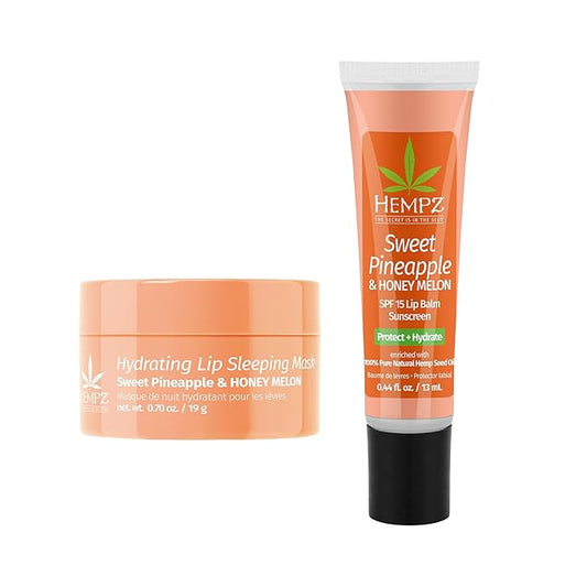 Hempz Hydrating Lip Sleeping Mask - Sweet Pineapple & Honey Melon (.70 Oz.) | Overnight Hydrating Lip Balm with Sweet Pineapple & Honey Melon Herbal Lip Sunscreen .15 oz. SPF 15-Velvo Beauty