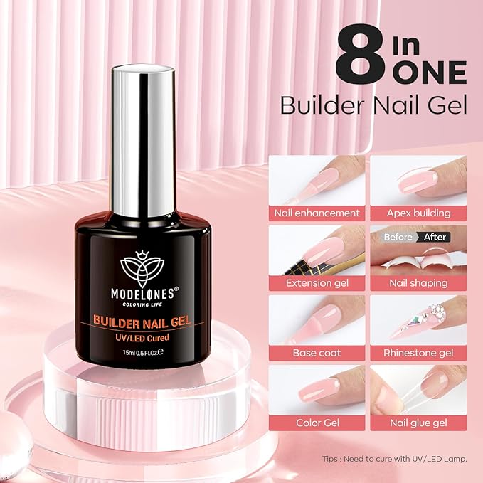 modelones Builder Nail Gel, 8-in-One Pink Shimmer Builder, Sparkle Glitter Pink Rubber Base Gel Polish LED Lamp Cured Hardener Color Base Strengthener Extension for Home DIY Salon Girls-Velvo Beauty