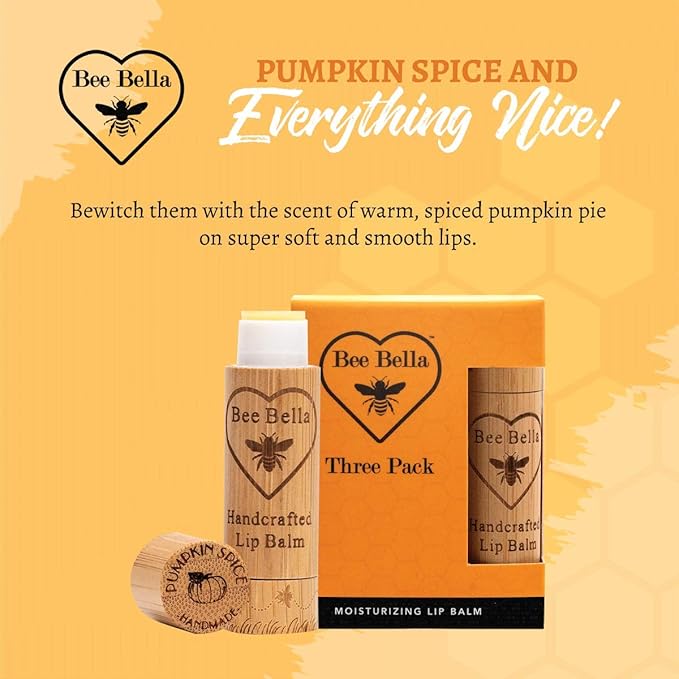 Bee Bella Lip Balm Pumpkin Spice (3 Pack)- With Beeswax, Coconut Oil, Jojoba Oil, Vitamin E Oil, Argan Oil and More for Soft and Smooth Lips - Long-Lasting Moisture - Handmade in the USA-Velvo Beauty
