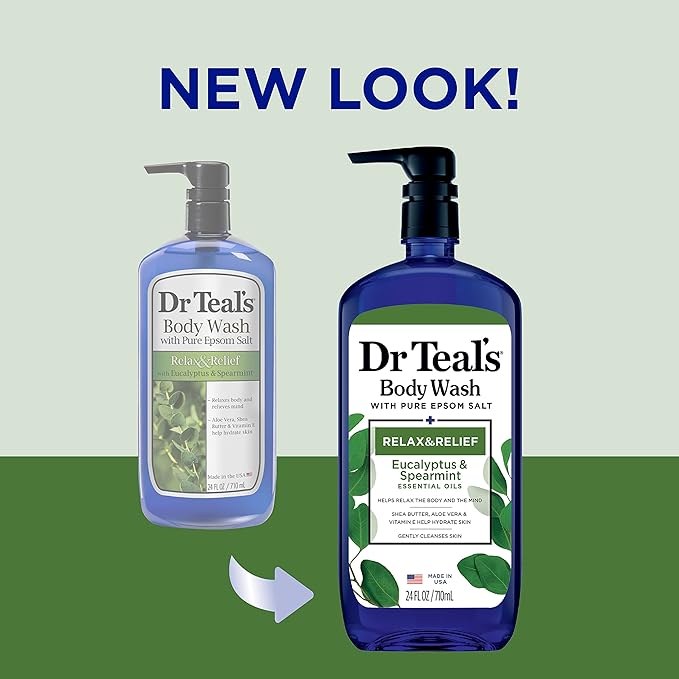 Dr Teal's Body Wash with Pure Epsom Salt, Relax & Relief with Eucalyptus & Spearmint, 24 fl oz (Pack of 4) (Packaging May Vary)-Velvo Beauty