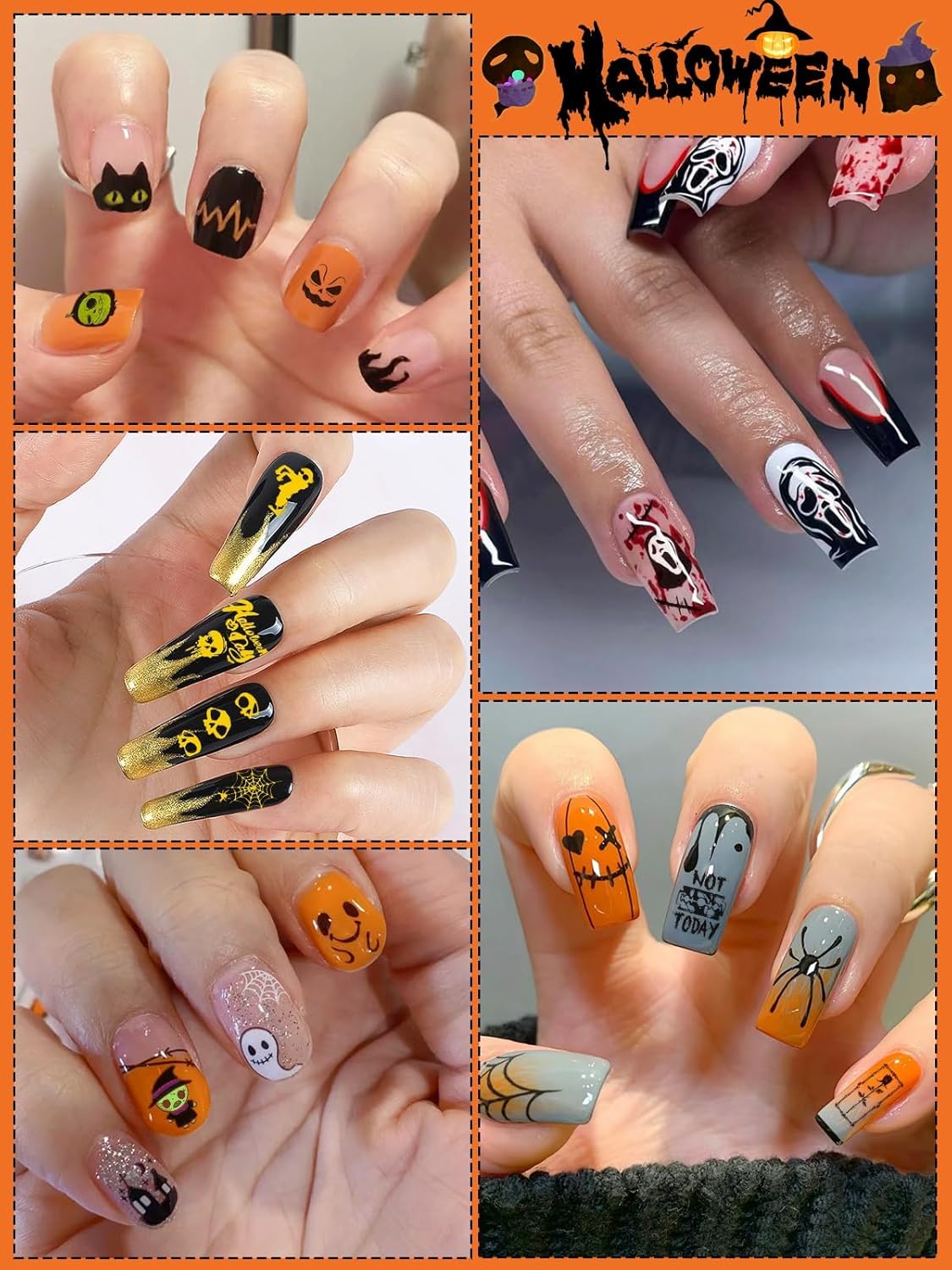 Halloween Nail Art Stickers Decals, Kalolary Self-Adhesive DIY Nail Sticker Decals 3D Design Nail Decorations for Halloween Party Include Pumpkin/Bat/Ghost/Witch(12 Sheets)-Velvo Beauty