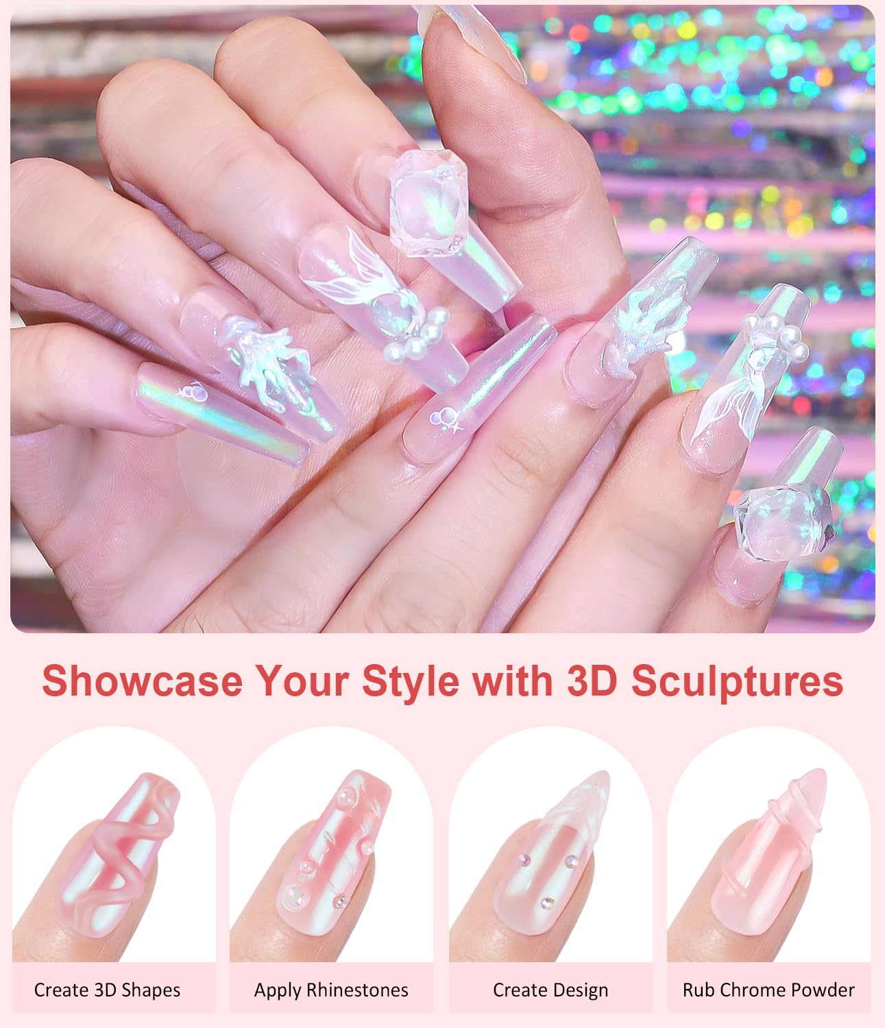 Pearl Chrome Nail Powder BISHENGYF -【Fairy Effect】 Pink Chrome Nail Powder Aurora Mermaid Iridescent White Pearl Clear Nail Chrome Powder, Metallic Mirror Pigment Glitter Dust for Manicure Decoration-Velvo Beauty