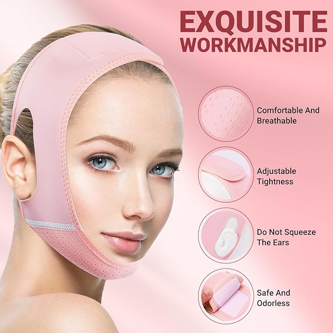 Reusable V Line Lifting Mask with Chin Strap for Sleeping,Face Lift Prevent Sagging, Jaw Exerciser,Pink,M-Velvo Beauty