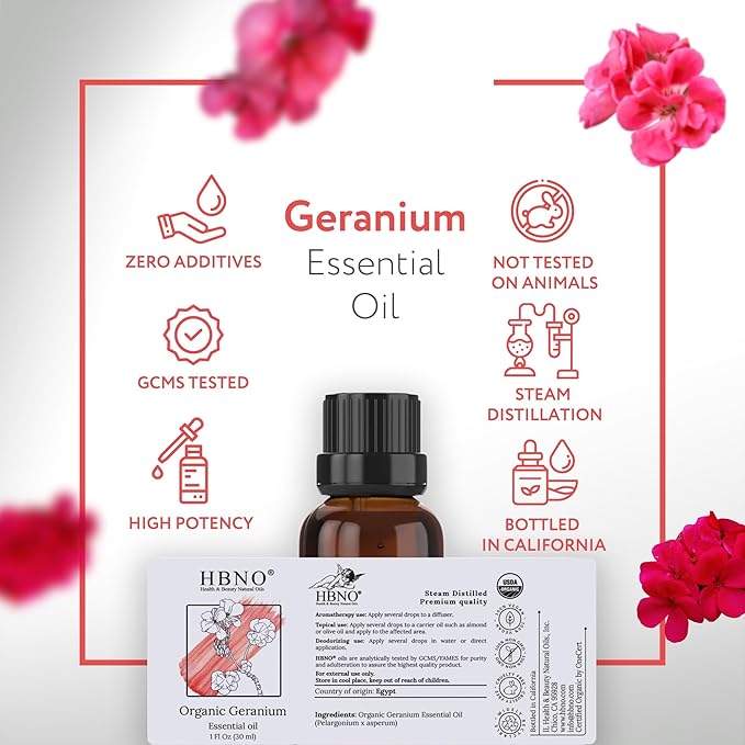 HBNO Organic Geranium Essential Oil - 1 oz (30ml) - USDA Certified Organic Geranium Essential Oil for Aromatherapy, Soap Making, DIY, Fragrances, Diffuser.-Velvo Beauty